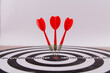 © dyachenkopro - red dart darts in the center of the target hit the target won