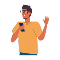 Sticker - man wearing eyeglasses using smartphone standing character vector illustration design