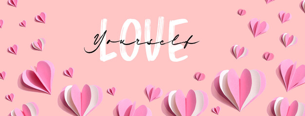 Wall Mural - Love Yourself message with pink paper hearts - flat lay