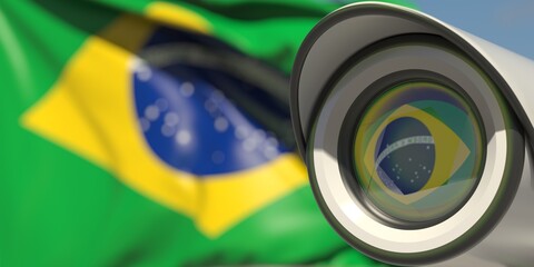 National flag of Brazil and CCTV camera. Surveillance system conceptual 3D rendering