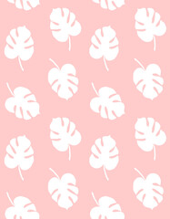  Vector seamless pattern of white hand drawn monstera leaf silhouette isolated on pink background