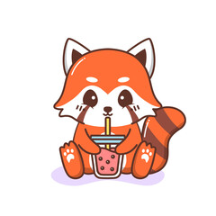 cute happy red panda drinking bubble tea