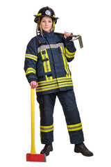 Wall Mural - Young brave woman in uniform and hardhat of firefighter with crowbar in hands looking at camera on white background. 