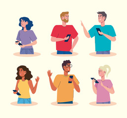 Sticker - community using smartphones avatars characters vector illustration design