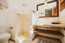 Modern Luxury Summer Holiday Or Vacation Wooden Beach House Restroom Interior With Contemporary Decoration And Furniture