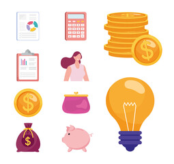 Sticker - bundle of ten savings management set icons vector illustration design