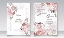 Brown Wedding Invitation Template Set With Floral Frame Premium Vector