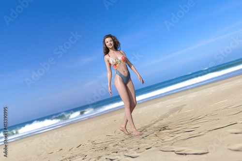 Fototapete 綺麗な青い空と海を背景にお腹が空いた花柄でデニム生地なワンピース水着を着た笑顔の女性が砂浜を歩く Preart Stock