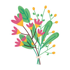 Poster - spring season pink flowers and green leafs decoration vector illustration design