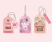Sale Spring Season Deals Tags Hanging In Pink Background Vector Illustration Design