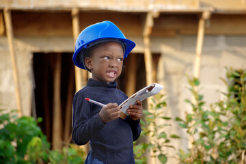 A little African girl acting the role of a construction engineer and architect with a safety helmet on her head a pen in her hand and a jotter in her hand on a construction site 