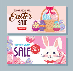 Wall Mural - happy easter season sale poster with rabbit and eggs painted vector illustration design