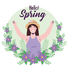 Sticker - spring season lettering card with woman in floral wreath vector illustration design