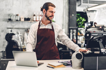 Portrait of handsome bearded barista man small business owner working with laptop computer behind the counter bar in a cafe