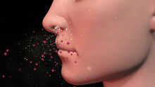 Human Nose Inhaling Particles , Bioaerosols , Viruses And Germs. Microbes Exiting Nasal Passage Of Person. 3d  Render Illustration