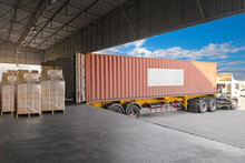 Cargo Trailer Truck Parked Loading At Dock Warehouse. Cargo Shipment. Freight Truck Transportation.