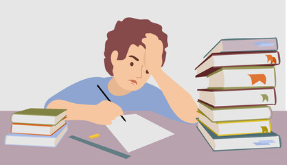 Difficulty learning from a teenager. Difficulties in study. The tired child doesn t want to study. Education vector concept student need help to do homework at home