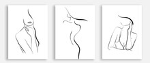 Woman Portrait Line Drawing Prints Set. Creative Contemporary Abstract Line Drawing. Beauty Fashion Female Faces. Vector Minimalist Design For Wall Art, Print, Card, Poster.
