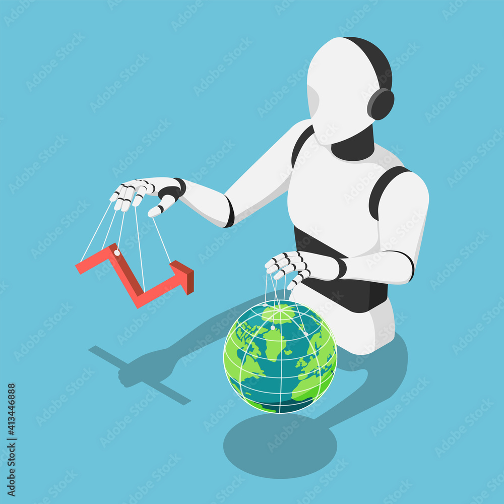 Isometric Ai Robot Controlling market financial chart and The World ...