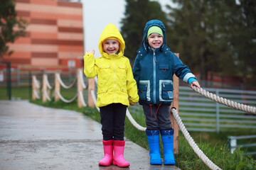 Two little kids, boy and girl, watch animals in the zoo on a cold autumn day. Children watching animals in safari park.