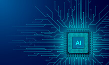 Artificial Intelligence Web Banner. 3D Isometric Illustration Of A Processor Chip. The Process Of Data Processing. Developments In Modern Technologies. Microcircuits On Neon Glowing Background