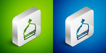 Isometric Line Christian Church Tower Icon Isolated On Green And Blue Background. Religion Of Church. Silver Square Button. Vector.