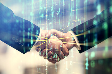 Fototapete - Double exposure of data theme hologram and handshake of two men. Partnership in IT industry concept.