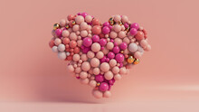 Multicolored Balloon Love Heart. Pink, Orange And Gold Balloons Arranged In A Heart Shape. 3D Render 