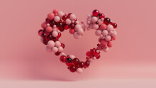 Multicolored Sphere Love Heart. Pink, Red Glass And Red Metallic Spheres Arranged In A Heart Shape. 3D Render 
