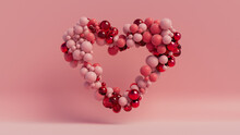 Multicolored Sphere Love Heart. Pink, Red Glass And Red Metallic Spheres Arranged In A Heart Shape. 3D Render 