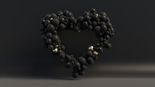 Multicolored Balloon Love Heart. Black And Gold Balloons Arranged In A Heart Shape. 3D Render 