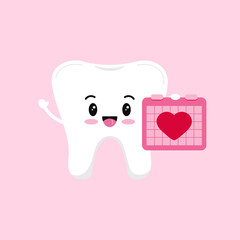 Wall Mural - Valentines day tooth with calendar dental icon isolated on background. Dentist cute white tooth character in love with calendar and heart. Flat design cartoon vector dentistry clip art illustration.