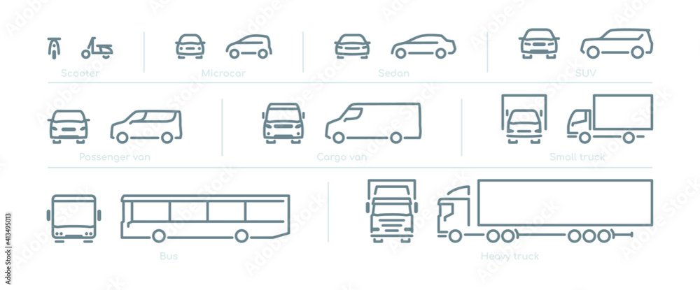 Outline car icons, different types of transportation, front and side view - obrazy, fototapety, plakaty 