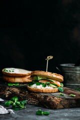 Wall Mural - Sandwich with salmon, spinach, cream cheese, cucumber on a round toast