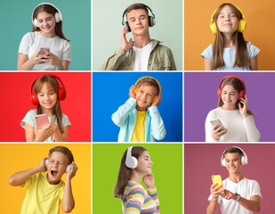 Canvas Print - Collage of different kids with modern headphones listening to music on color background