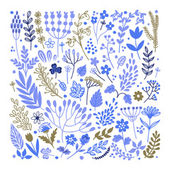 Wall Mural - Romantic floral collection with flowers, leaves, herbs. Vector plant blue pattern.