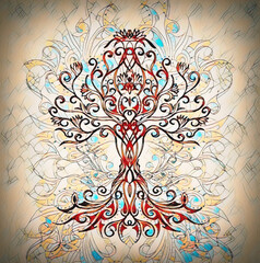Poster - tree of life symbol on structured ornamental background, yggdrasil.