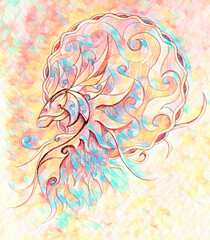 Fototapete - drawing of ornamental animal on old paper background.