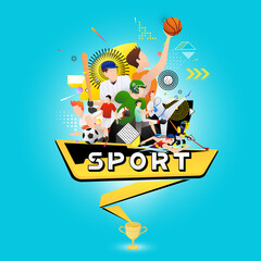 Wall Mural - Vector illustration of sports background for championship league design with sport players in different activities and golden trophy. 