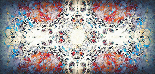 Fototapete - Ornamental mandala. Original hand draw and computer collage. Blue color structure. Winter effect.