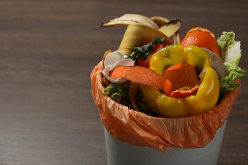 Wall Mural - Trash bin with organic waste for composting on wooden background, closeup