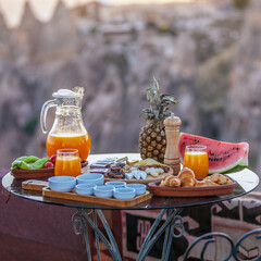 Traditional Turkish Creakfast served at dawn in Cappadocia., Turkey