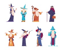 Cartoon Wizard. Magician Old Characters With Beard Wear Long Robes And Pointed Hats. Senior Wise Sorcerers Cast Magical Spells. Cheerful Warlocks Hold Mystery Magic Tools. Vector Medieval Wizards Set