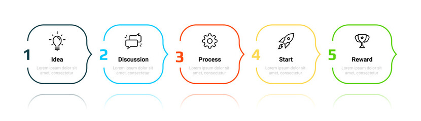 Poster - Flowchart. Sequence of business process steps. Simple infographic for workflow visualization. Project planning template. Square frames with text and reflection effect. Vector presentation of strategy