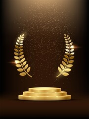 Wall Mural - Golden podium with laurel glowing. Gold stage with glitter and light fog on dark background. Hollywood fame in film and cinema or championship in sport vector illustration
