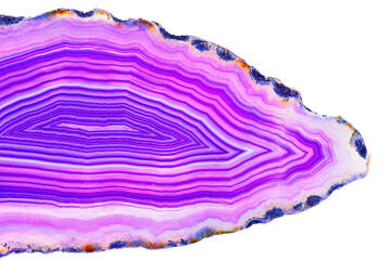 Wall Mural - Amazing cross section of Violet Agate Crystal geode. Natural translucent agate crystal surface cut isolated on white background, Purple healing abstract structure slice mineral stone macro closeup