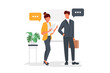 © To Light Me - Two person talking on the office. Woman talk with boss. Colleagues work together. Manager in suit. Isolated vector illustration in cartoon style