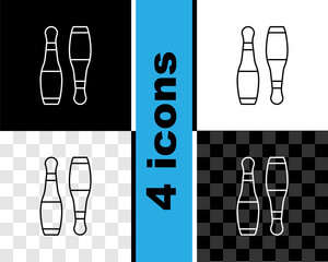 Sticker - Set line Bowling pin icon isolated on black and white, transparent background. Juggling clubs, circus skittles. Vector.