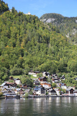 Wall Mural - Vertical view of colorful houses on the water bank next to the forest