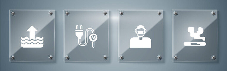 Sticker - Set Cigarette, Face in protective mask, Electric saving plug leaf and Rise water level. Square glass panels. Vector.